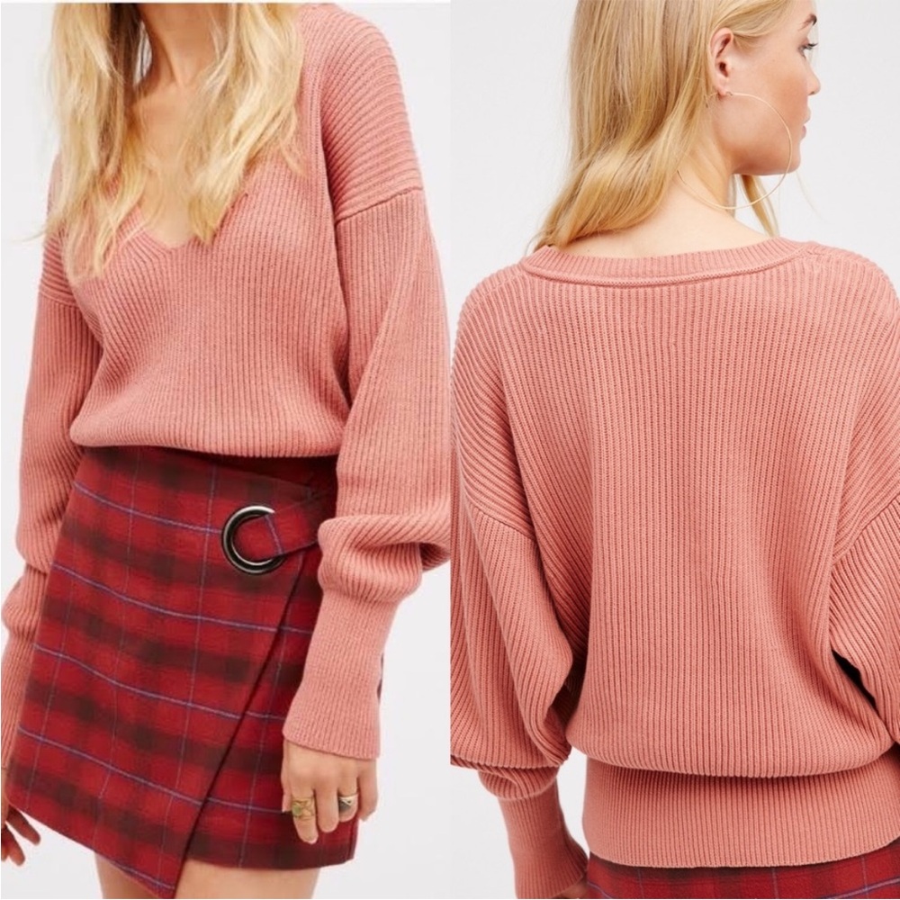 Free People Pink Allure Ribbed V-Neck Sweater